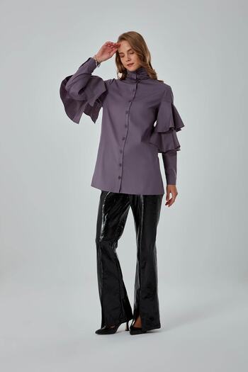 Mizalle Ruffle Detailed Gray Shirt