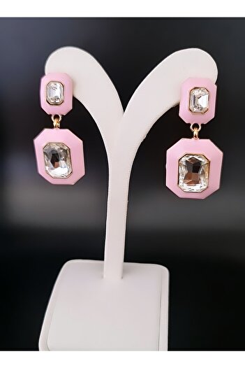 HOSBUTIK Vip Gold Pink Color Jewelled Earrings