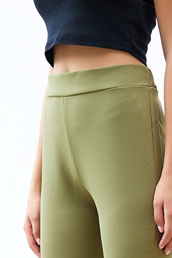 InStyle High Waist Flared Leg Double Fabric Trousers - Khaki