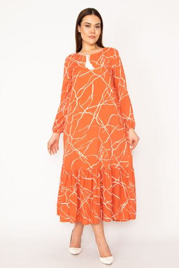 Şans Women's Large Size Orange Woven Viscose Fabric Long Sleeve Layered Dress 65n34278