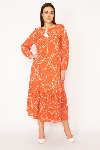 Şans Women's Large Size Orange Woven Viscose Fabric Long Sleeve Layered Dress 65n34278