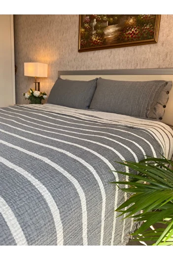 YASEMİNİNEVİ Gray/Anthracite Striped King Size Muslin Bedspread/Pique