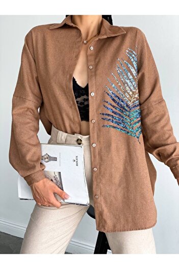 FancyWorld Knitted Stamp Fabric Leaf Patterned Sequin Embroidered Beige Shirt (winter)