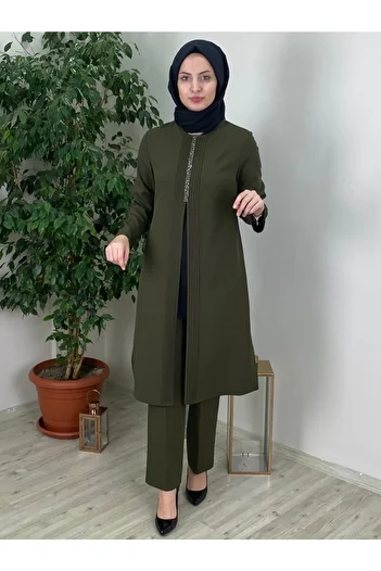 Fashion Showcase Ribbed Stone Detail Double Set Khaki Fsc2066