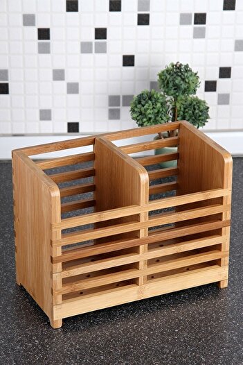 Pinkev Bamboo Spoon Holder - Counter Top with Two Compartments