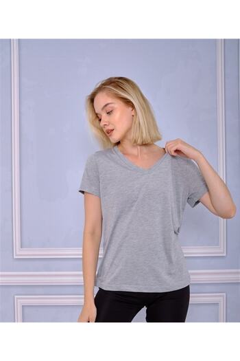 ESPİNA Women's Gray V-Neck Short Sleeve T-shirt