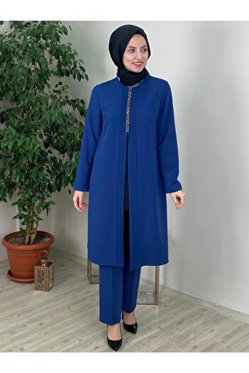 Fashion Showcase Ribbed Stone Detail Double Set Indigo Fsc2066