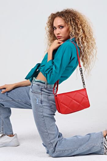 Güce Red Large Quilted Plastic Chain Strap Hand and Shoulder Bag Gc015802
