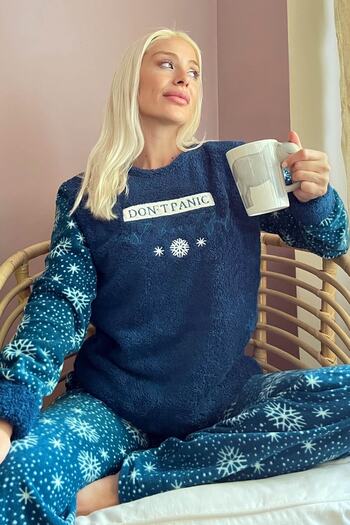 Pijamaevi Σετ γυναικεία βελούδινη πιτζάμα Petrol Green Dont Panic Pattern