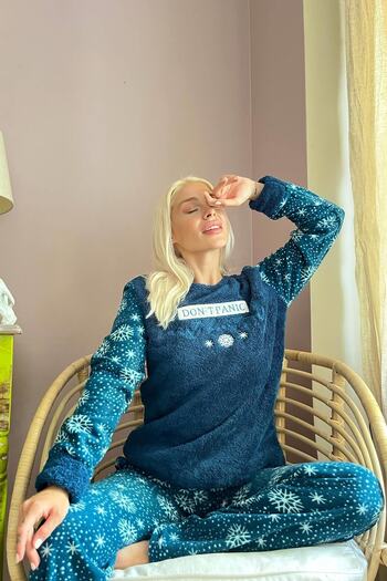 Pijamaevi Σετ γυναικεία βελούδινη πιτζάμα Petrol Green Dont Panic Pattern