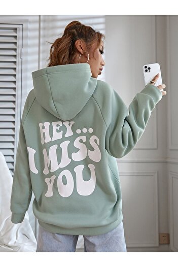 Machetta Plus Size Hooded Oversize Sweatsihrt with Hey I Miss You Written