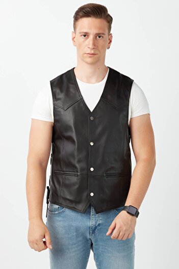 Deriza Black Biker Style Genuine Leather Vest