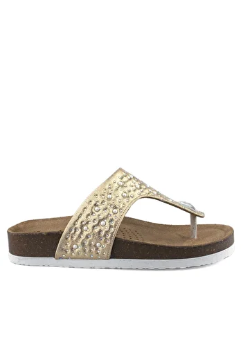 Cici Bebe Ayakkabı Genuine Leather Stoned Gold Anatomical Girls' Flip Flops