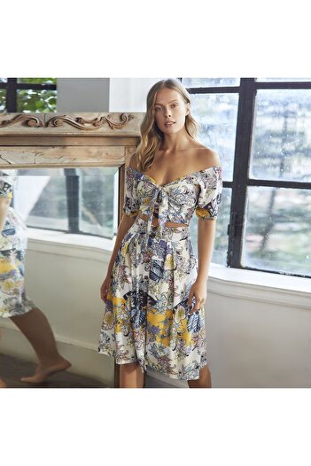 Anıl Women's Woven Front Tie Floral Printed Off-Shoulder Bustier and Buttoned Front Skirt Set (9658)