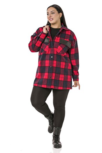 DISENTIS MODEST Large Size Plaid Red Jacket Shirt with Pocket Covers and Leather Garnish on the Back