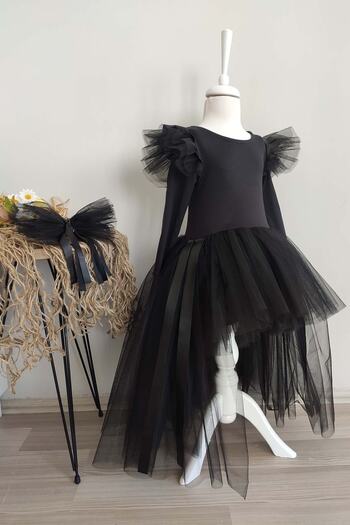 Shecco Babba Girl's Black Leather Detailed Asymmetrical Dress, Birthday Dress and Bandana Set