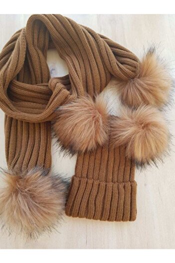 onlinebaby Children's Scarf Beanie Set with Brown Pompom