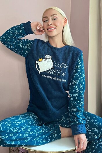 Pijamaevi Navy Blue Pillow Patterned Women's Plush Pajama Set