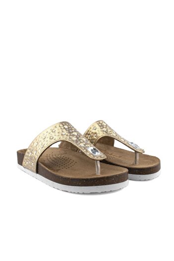Cici Bebe Ayakkabı Genuine Leather Stoned Gold Anatomical Girls' Flip Flops