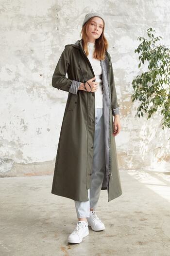 InStyle Khaki Colored Long Trench Coat - Stripe Detailed