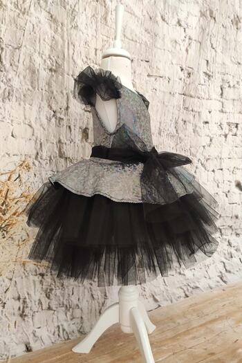 Shecco Babba Girl's Black Bow Tulle Evening Dress, Party Dress, Birthday Evening Dress, Bandana