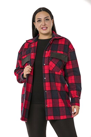 DISENTIS MODEST Large Size Plaid Red Jacket Shirt with Pocket Covers and Leather Garnish on the Back