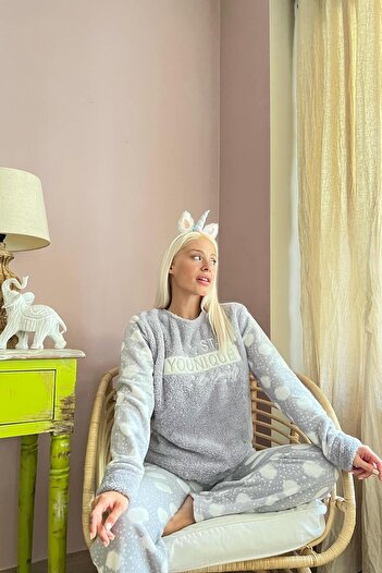Pijamaevi Gray Younique Patterned Women's Plush Pajama Set