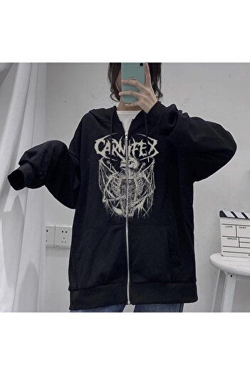 Touz LAGOM MODA Carnifex Printed Oversize Zippered Black Unisex Hooded Cardigan