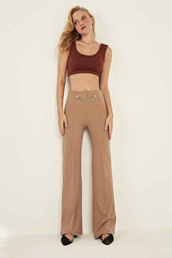 MEECY Women's Mink High Waist Chain Detailed Wide Leg Woven Trousers