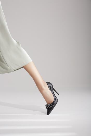 AYAKKABI PRENSİ Julio Silver Accessory Black Patent Leather 10 cm Women's Stiletto, High Heels