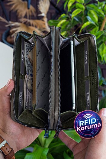 Garbalia Orleans Vintage Leather Green Clutch Bag with Phone Compartment Wallet Card Holder