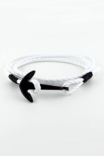 Solfera White Rope Three Rows Black Anchor Sailor Men's Bracelet M023j