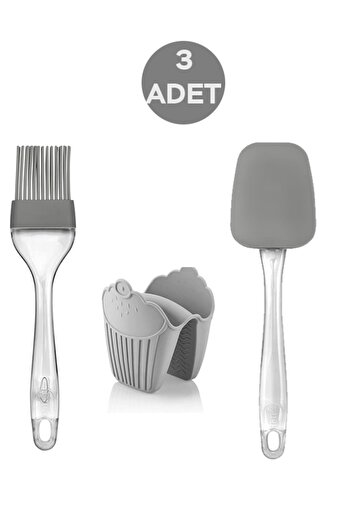 Bayev 3-Piece Silicone Brush - Spatula - Oven Glove ( Elcek - Holder ) Gray