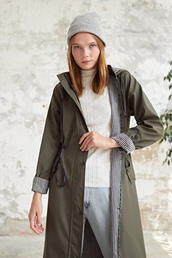 InStyle Khaki Colored Long Trench Coat - Stripe Detailed