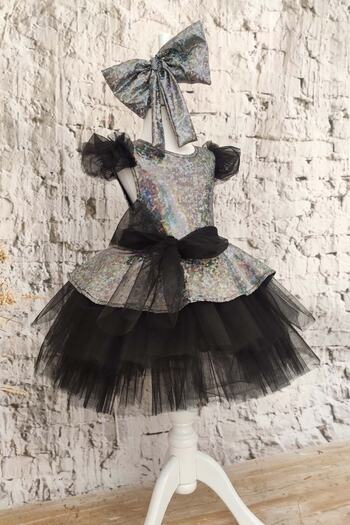 Shecco Babba Girl's Black Bow Tulle Evening Dress, Party Dress, Birthday Evening Dress, Bandana