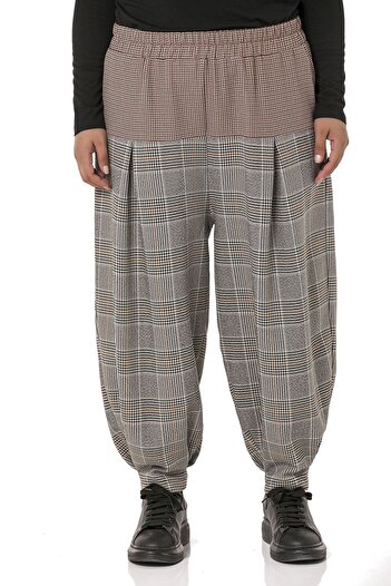 DISENTIS MODEST Plus Size Black Women's Trousers with Pleat Detail and Fabric Garnish and Shalwar Cut Pockets on the Leg and Base