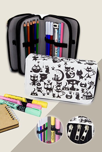 Size Pencil Case Cat Kawaii Pattern Orginazer Three Compartments (Pencil Holder)