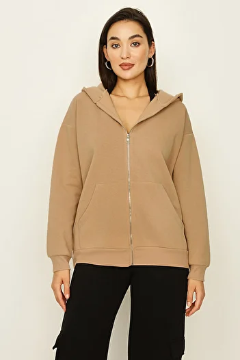 Select Moda Women's Brown Hooded Zipper Closure Knitted Sweatshirt