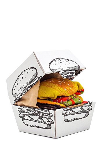 too'b Hamburger Patterned Unisex Gift Socks, Colorful 2 Pairs, Cotton Special Boxed Socket Socks