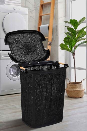 Tuffex Woow Desen Ahşap Kulplu Antistatik Kirli Çamaşır Sepeti 60 LT - Siyah
