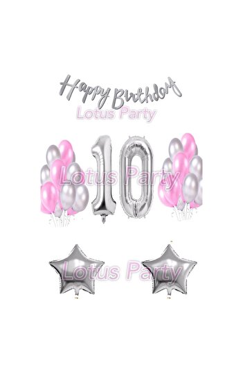LOTUS PARTY 10 Year Old Birthday Set - 1 Number Balloon 20 Pieces Silver and Pink Balloons - 2 Stars Happy Birthday Text