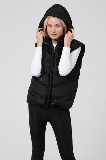 diaves Women's Black Hooded Lining Fiber Filled Short Inflatable Vest