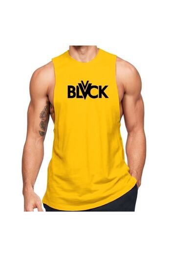 Black İstanbul Yellow Men's Black-Printed Regular Fit Crew Neck Sleeveless T-shirt
