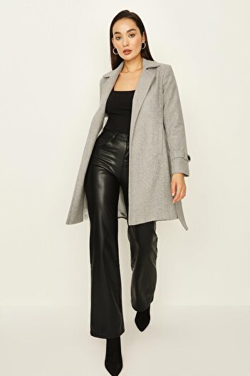 Select Moda Women's Gray Belted Lined Cashmere Coat