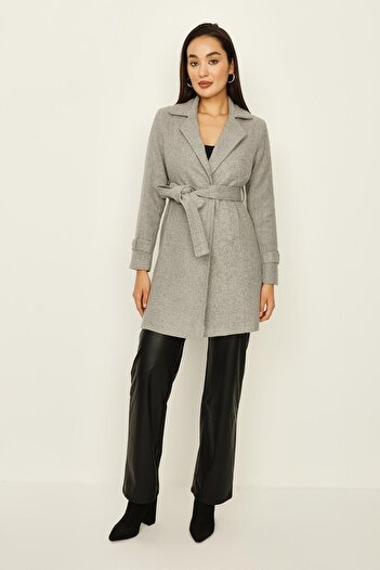 Select Moda Women's Gray Belted Lined Cashmere Coat