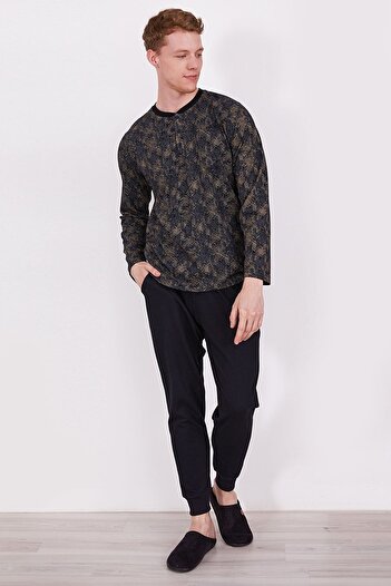 Arnetta Black Men's Long Sleeve Pajama Set with Buttons on the Collar