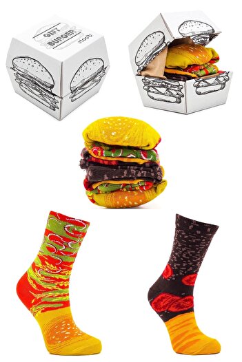 too'b Hamburger Patterned Unisex Gift Socks, Colorful 2 Pairs, Cotton Special Boxed Socket Socks