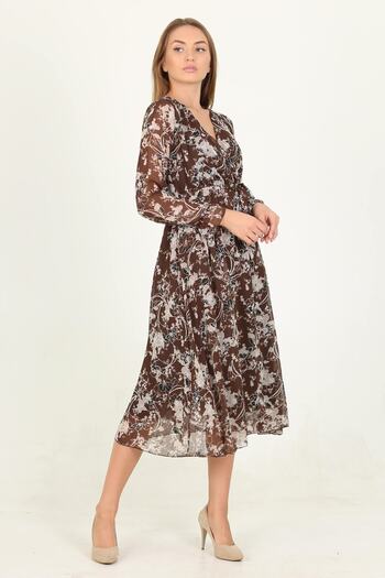 Neşeli Butik Γυναικείο φόρεμα σιφόν με καφέ σχέδιο Midi μήκους Rssn15