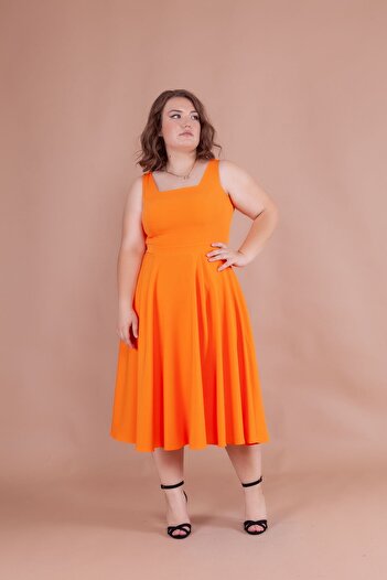 Bidoluelbise Women's Plus Size Square Collar Midi Length Dress
