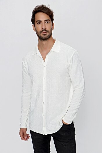 CHUBA Men's Regular Fit Patterned Long Sleeve Knitwear Shirt Ecru 23w211